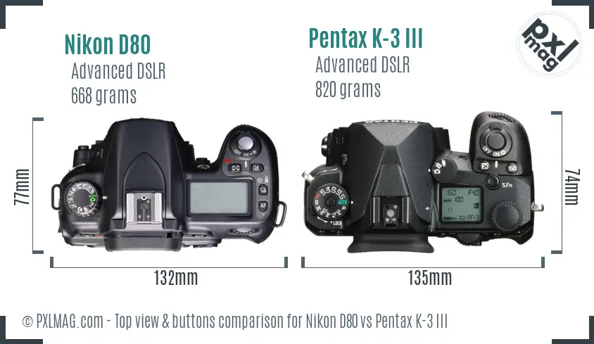 Nikon D80 vs Pentax K-3 III top view buttons comparison