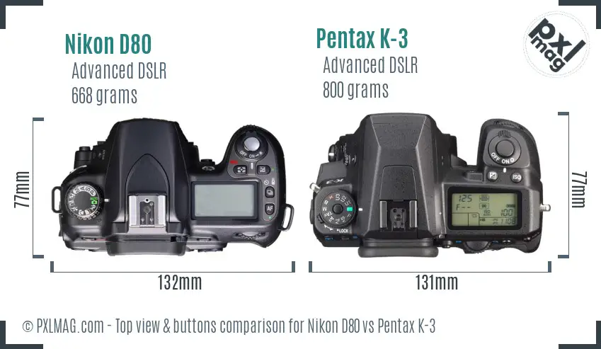 Nikon D80 vs Pentax K-3 top view buttons comparison Nikon D80 vs Pentax K-3 top view buttons comparison
