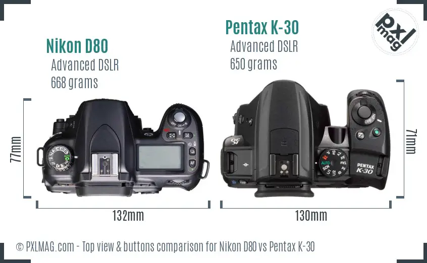 Nikon D80 vs Pentax K-30 top view buttons comparison