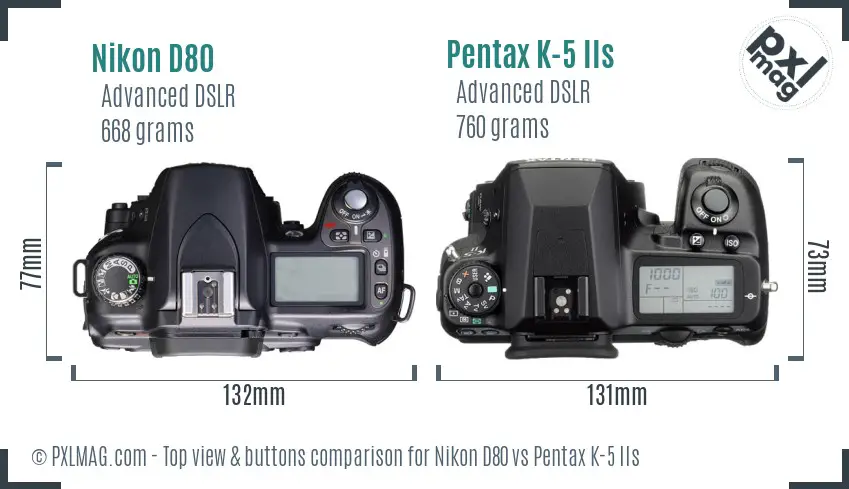 Nikon D80 vs Pentax K-5 IIs top view buttons comparison