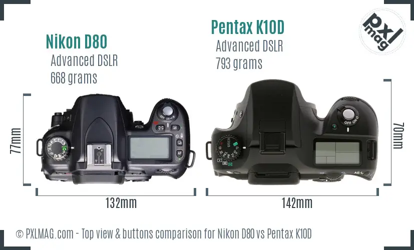 Nikon D80 vs Pentax K10D top view buttons comparison