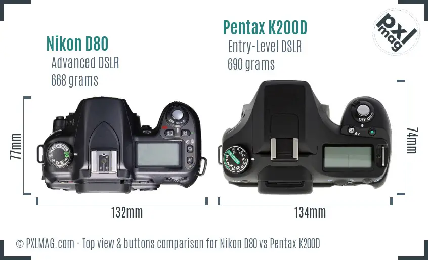Nikon D80 vs Pentax K200D top view buttons comparison Nikon D80 vs Pentax K200D top view buttons comparison
