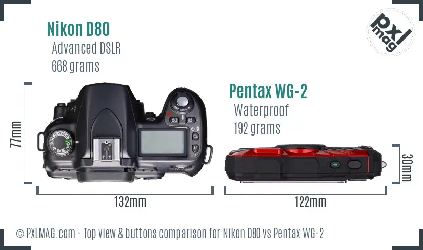Nikon D80 vs Pentax WG-2 top view buttons comparison