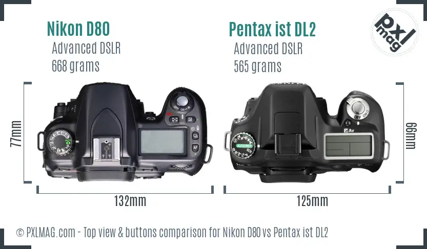 Nikon D80 vs Pentax ist DL2 top view buttons comparison