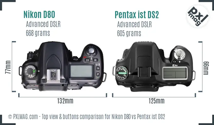Nikon D80 vs Pentax ist DS2 top view buttons comparison