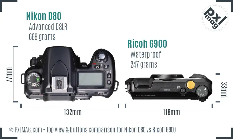 Nikon D80 vs Ricoh G900 top view buttons comparison