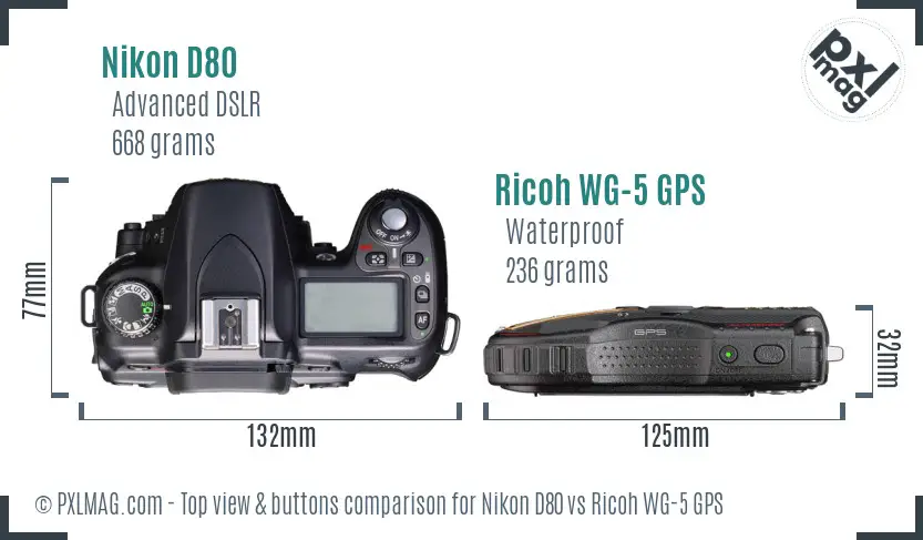 Nikon D80 vs Ricoh WG-5 GPS top view buttons comparison Nikon D80 vs Ricoh WG-5 GPS top view buttons comparison
