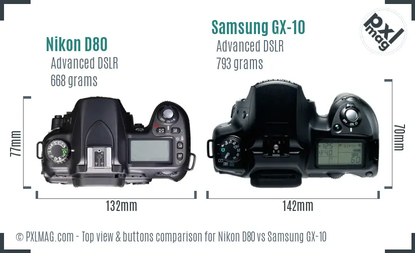 Nikon D80 vs Samsung GX-10 top view buttons comparison