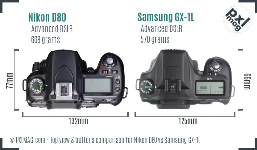 Nikon D80 vs Samsung GX-1L top view buttons comparison