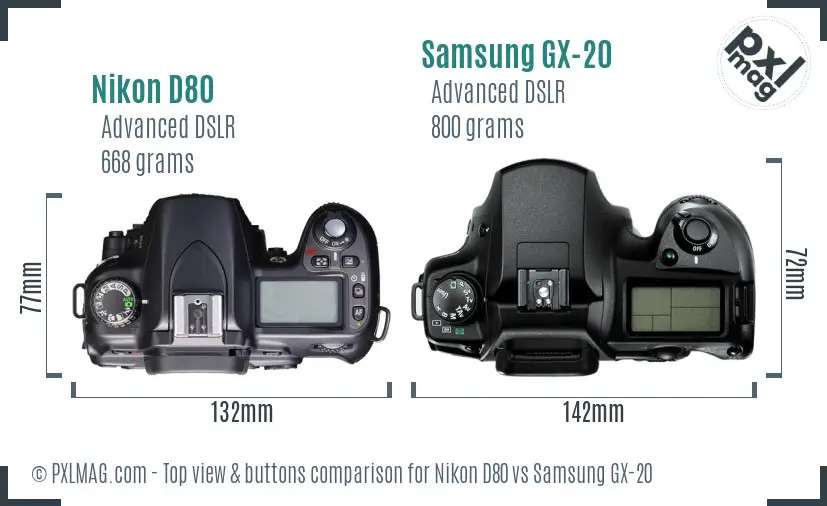 Nikon D80 vs Samsung GX-20 top view buttons comparison