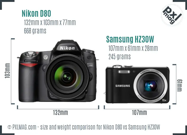 Nikon D80 vs Samsung HZ30W size comparison