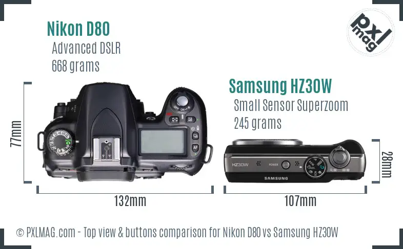 Nikon D80 vs Samsung HZ30W top view buttons comparison