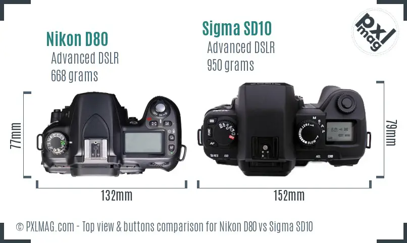 Nikon D80 vs Sigma SD10 top view buttons comparison