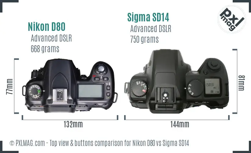 Nikon D80 vs Sigma SD14 top view buttons comparison