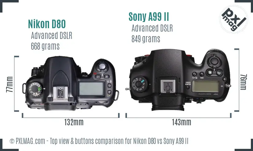 Nikon D80 vs Sony A99 II top view buttons comparison