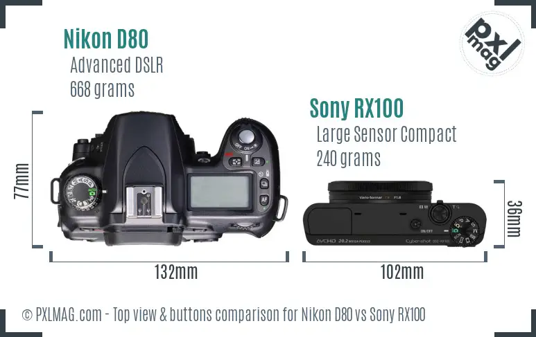 Nikon D80 vs Sony RX100 top view buttons comparison