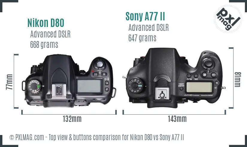 Nikon D80 vs Sony A77 II top view buttons comparison