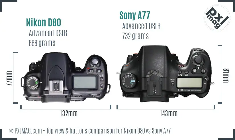 Nikon D80 vs Sony A77 top view buttons comparison