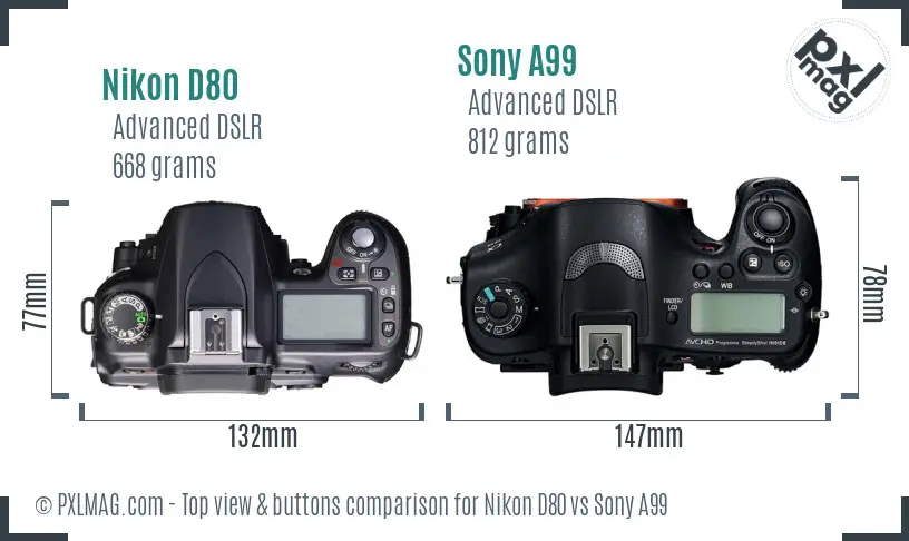 Nikon D80 vs Sony A99 top view buttons comparison