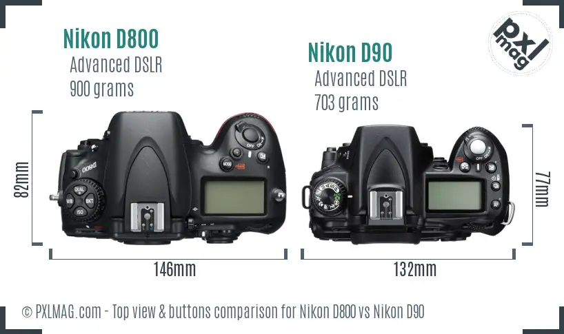 Nikon D800 vs Nikon D90 top view buttons comparison