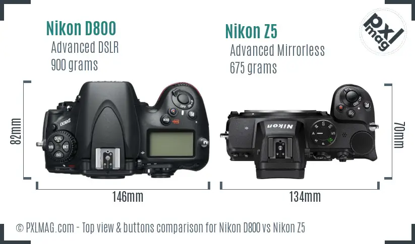 Nikon D800 vs Nikon Z5 top view buttons comparison