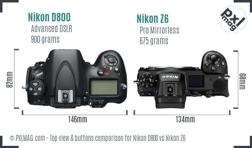 Nikon D800 vs Nikon Z6 top view buttons comparison