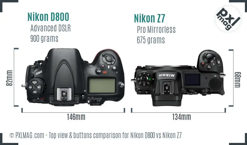 Nikon D800 vs Nikon Z7 top view buttons comparison