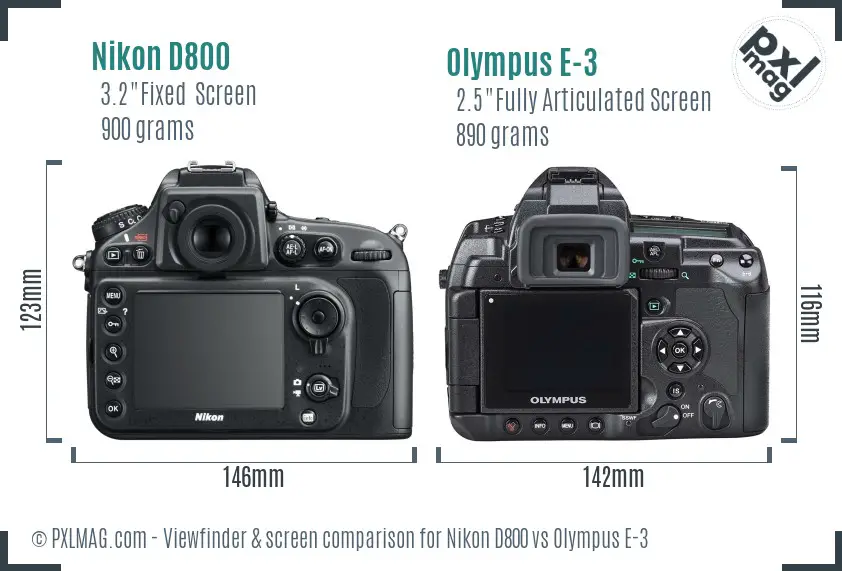 Nikon D800 vs Olympus E-3 Screen and Viewfinder comparison