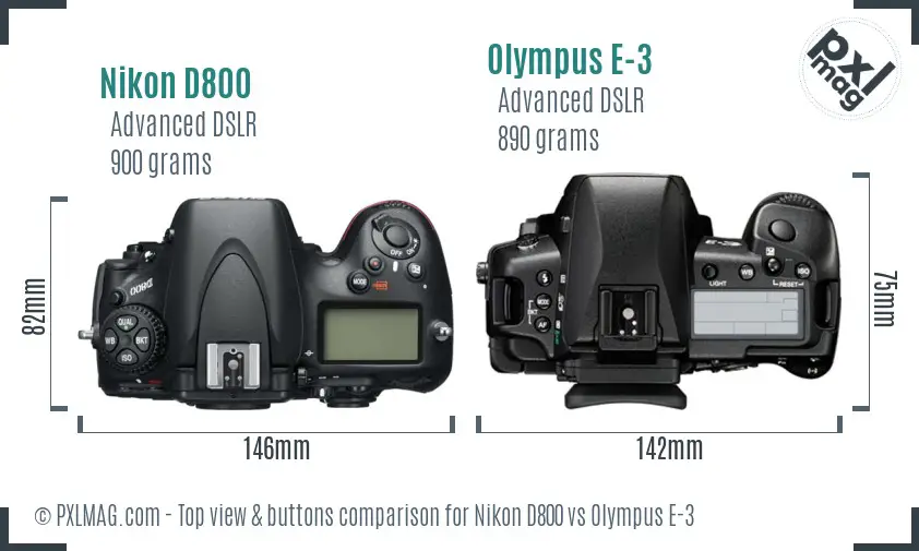 Nikon D800 vs Olympus E-3 top view buttons comparison
