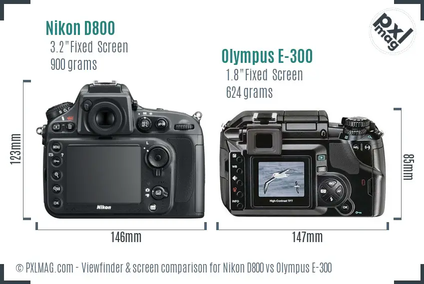 Nikon D800 vs Olympus E-300 Screen and Viewfinder comparison