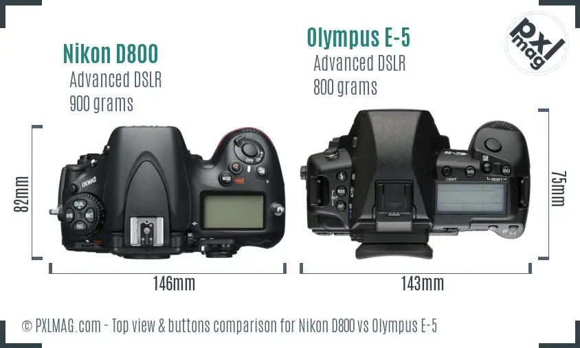 Nikon D800 vs Olympus E-5 top view buttons comparison