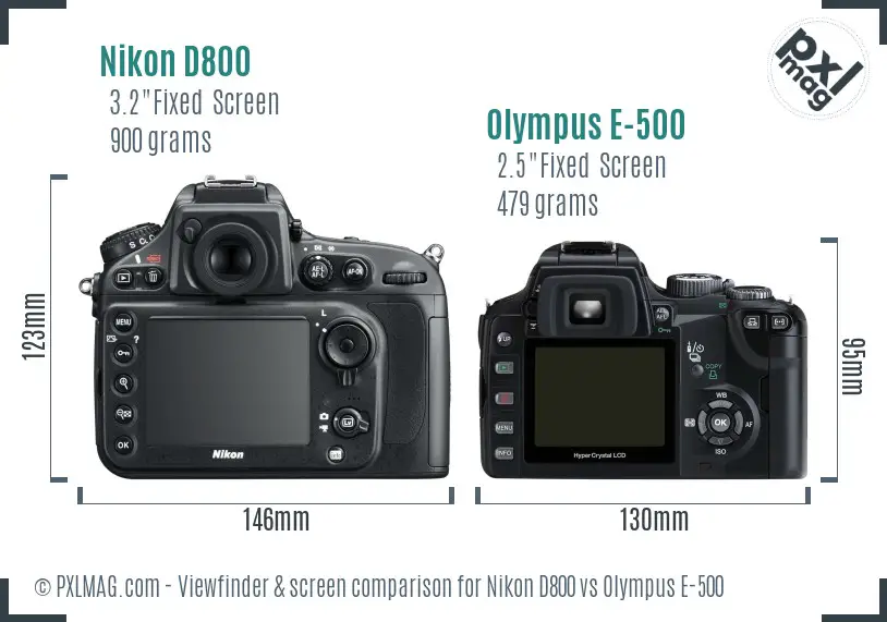 Nikon D800 vs Olympus E-500 Screen and Viewfinder comparison