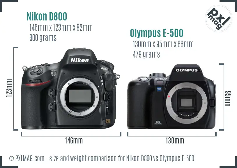 Nikon D800 vs Olympus E-500 size comparison