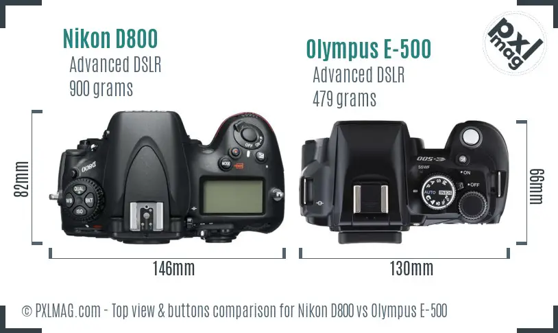 Nikon D800 vs Olympus E-500 top view buttons comparison
