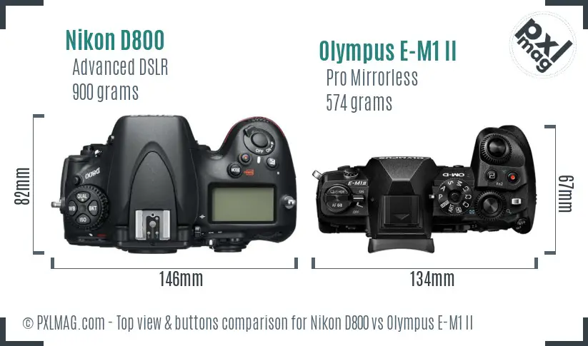 Nikon D800 vs Olympus E-M1 II top view buttons comparison