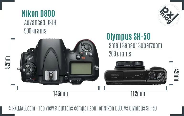 Nikon D800 vs Olympus SH-50 top view buttons comparison