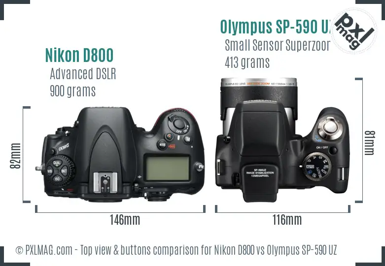 Nikon D800 vs Olympus SP-590 UZ top view buttons comparison