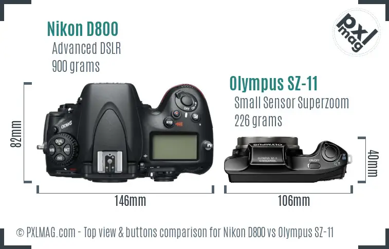 Nikon D800 vs Olympus SZ-11 top view buttons comparison