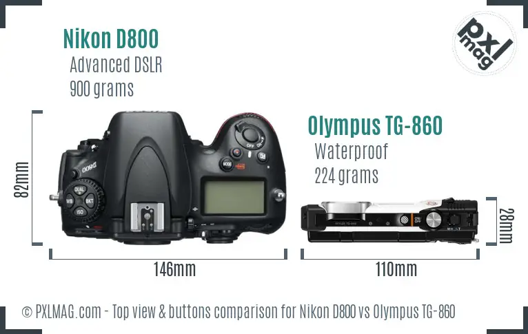 Nikon D800 vs Olympus TG-860 top view buttons comparison
