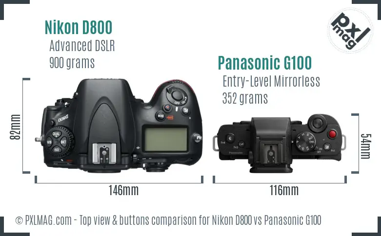 Nikon D800 vs Panasonic G100 top view buttons comparison