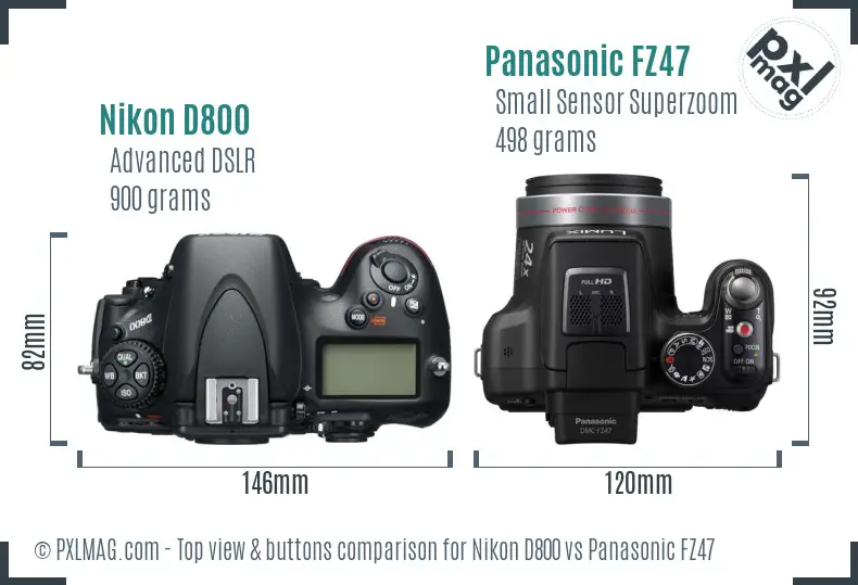 Nikon D800 vs Panasonic FZ47 top view buttons comparison