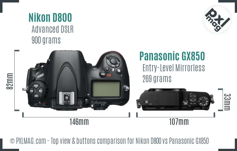 Nikon D800 vs Panasonic GX850 top view buttons comparison