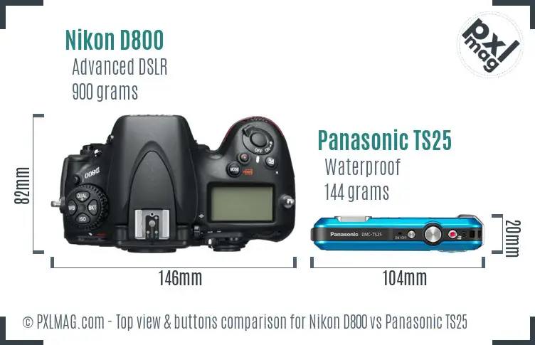Nikon D800 vs Panasonic TS25 top view buttons comparison