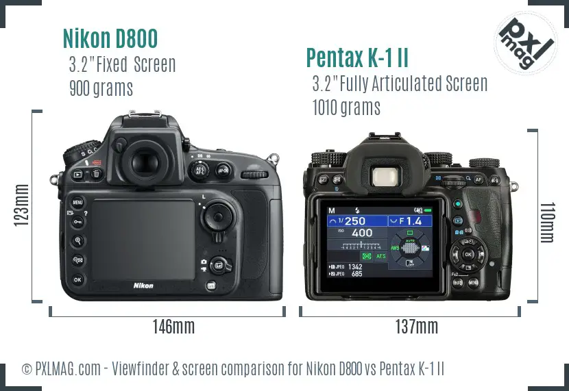Nikon D800 vs Pentax K-1 II Screen and Viewfinder comparison