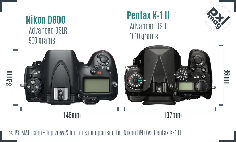 Nikon D800 vs Pentax K-1 II top view buttons comparison