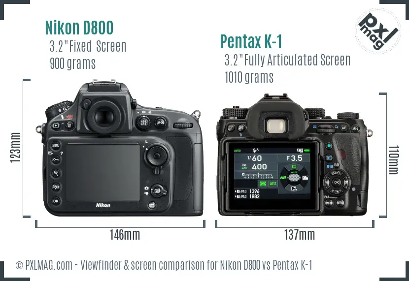 Nikon D800 vs Pentax K-1 Screen and Viewfinder comparison