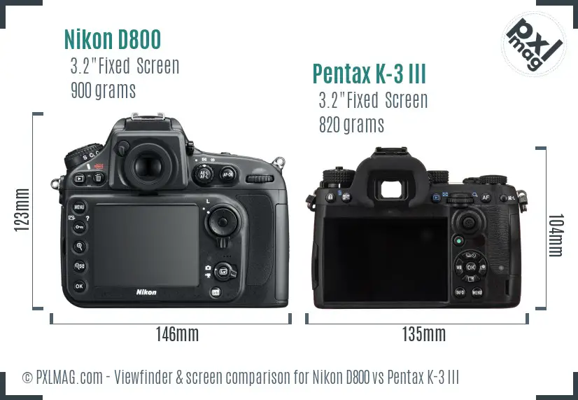 Nikon D800 vs Pentax K-3 III Screen and Viewfinder comparison