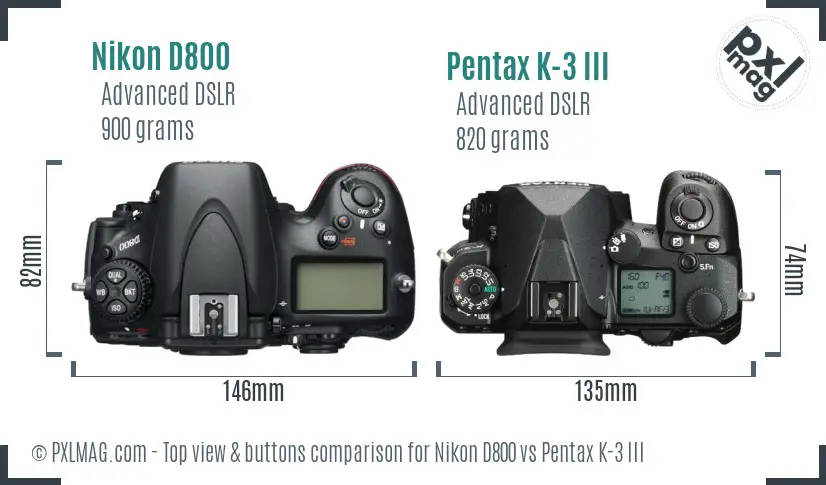Nikon D800 vs Pentax K-3 III top view buttons comparison