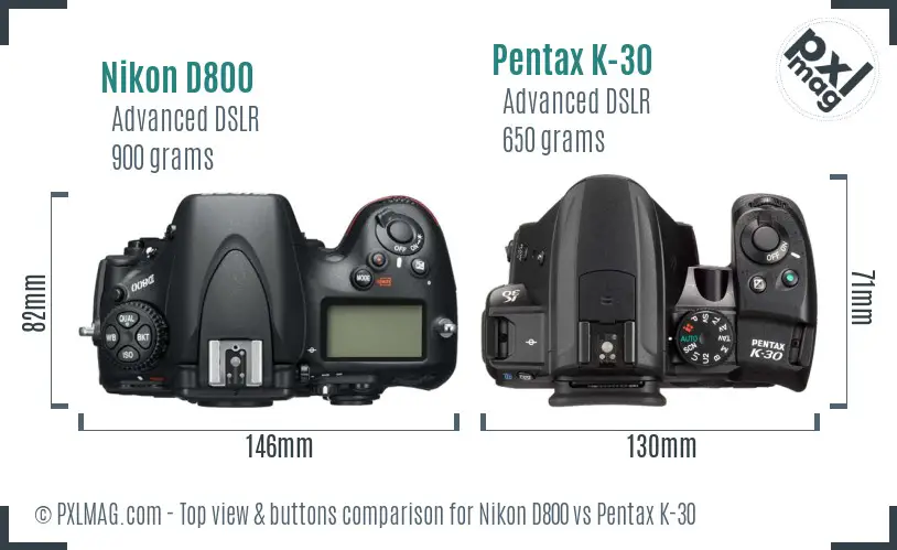 Nikon D800 vs Pentax K-30 top view buttons comparison