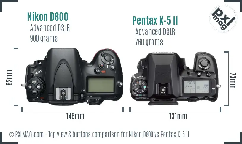 Nikon D800 vs Pentax K-5 II top view buttons comparison